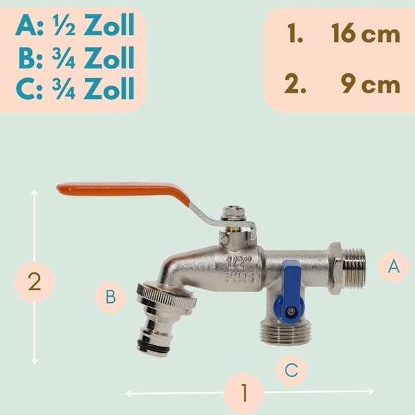 Gartenauslaufventil mit den Maßen 16 cm Länge und 9 cm Höhe, Anschluss A 1/2 Zoll, Anschluss B 3/4 Zoll, Anschluss C 3/4 Zoll