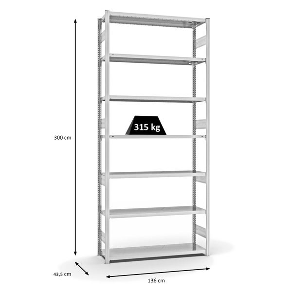 PROREGAL Fachbodenregal Stecksystem T-Profil Heavy-Duty Grundregal HxBxT 300 x 130 x 40 cm 7 Ebenen Fachlast 315 kg Beidseitig Nutzbar Lichtgrau