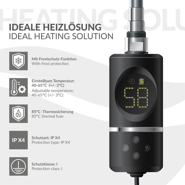 LuxeBath Heizstab 1200W Schwarz mit Thermostat und Digitalanzeige, Elektronischer Temperaturregler und Timer-Funktion, Heizpatrone Heizelemente für Badheizkörper Heizungen, Elektroheizstab mit Stecker
