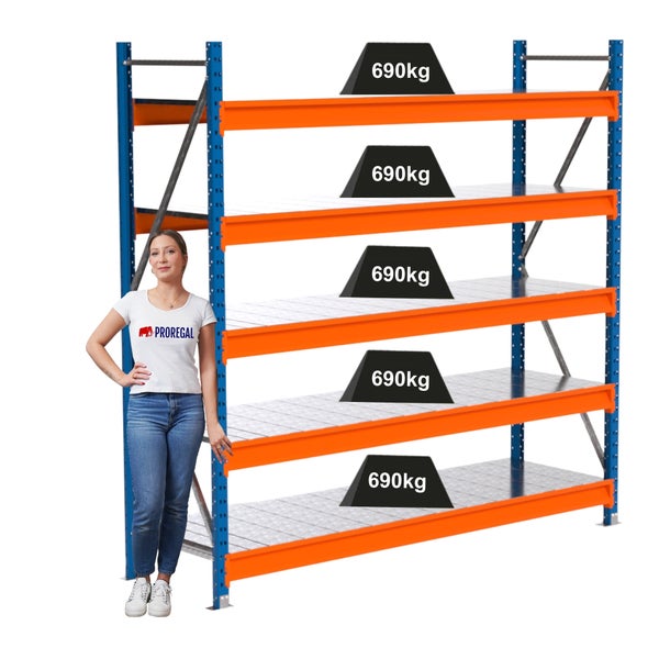 Regal mit fünf Ebenen, jeweils mit 690 Kilogramm belastet