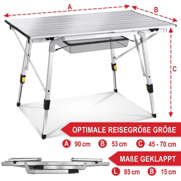 Klappbarer Campingtisch aus Aluminium mit Ablagenetz. Maße: 90 mal 53 Zentimeter, Höhe 45 bis 70 Zentimeter. Geklappt: 85 mal 15 Zentimeter.