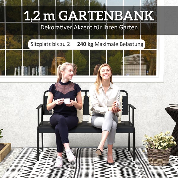 Outsunny 2-Sitzer Gartenbank, Sitzbank mit Lamellen-Design, wasserabweisend Gartenmöbel mit Rücken- & Armlehnen, Parkbank 240kg belastbar, Balkonbank für Terrasse, Garten, 121 x 64 x 84cm, Schwarz