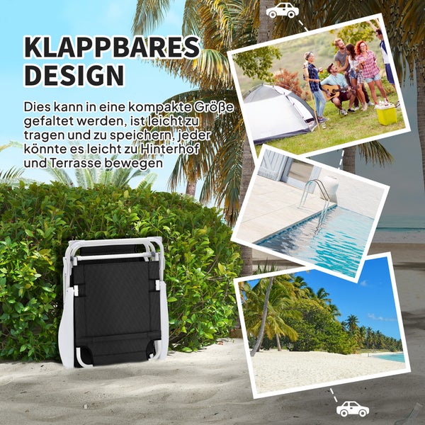 Klappbarer schwarzer Campingstuhl mit weißem Gestell im Sand, Szenen zeigen Nutzung beim Camping, Pool und Strand sowie einfache Transportierbarkeit.