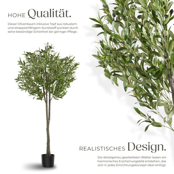 Künstlicher Olivenbaum im Topf aus Kunststoff für Innenräume mit detailgetreuem Design für eine natürliche Wohnraumgestaltung.