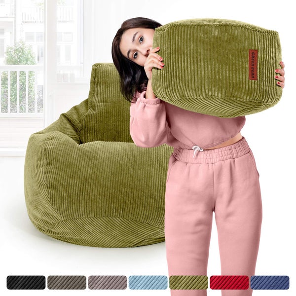 Green Bean Sitzsack mit Hocker aus Cord - Sitzsäcke für das Wohnzimmer, Schlafzimmer, Sitzsack-Sessel für Erwachsene Grün