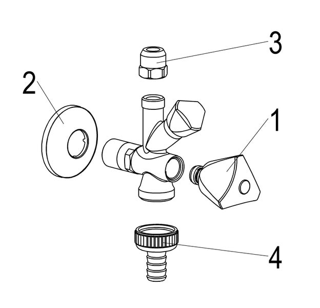 Explosionszeichnung eines Kombi-Eckventils mit nummerierten Einzelteilen wie Griff, Rosette und Schlauchanschluss.