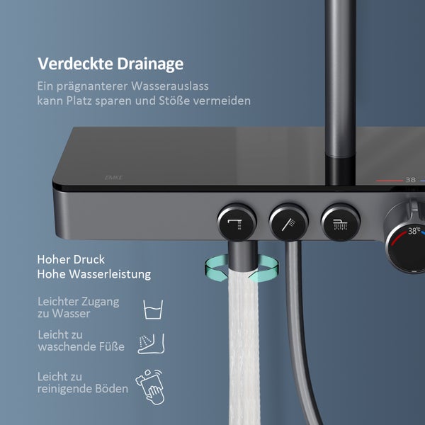 EMKE Duschsystem mit Thermostat 38 °C, 3 Strahlart(en), Überkopfbrause, Handbrause mit 3 Funktionen, unterer Wasserauslass, Verbrühungsschutz, Wandmontage, 114,6 × 45 × 48 cm, Anthrazit Matt