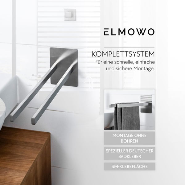 ELMOWO Handtuchhalter zur Montage ohne Bohren mit speziellem Badkleber und drei M Klebefläche für eine einfache Anbringung im Badezimmer.
