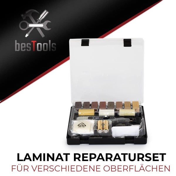 besTools Logo. Laminat-Reparaturset für verschiedene Oberflächen mit Hartwachsstangen, Schmelzer und Zubehör im Kunststoffkoffer.
