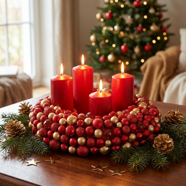 Weihnachtlicher Adventskranz mit vier brennenden Stumpenkerzen, dekoriert mit kleinen Christbaumkugeln, Tannenzapfen und Tannenzweigen auf Holztisch.
