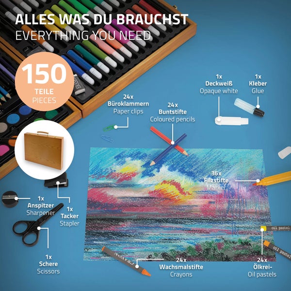 ECD Germany 150-Teiliges Malset mit Holzkoffer, Malkoffer, Malkasten, Kunst- und Zeichenset, Acrylfarben Buntstifte Farbstifte Wachsmalstifte Aquarell & Zubehör, Künstler Set zum Zeichnen, Kunstbedarf