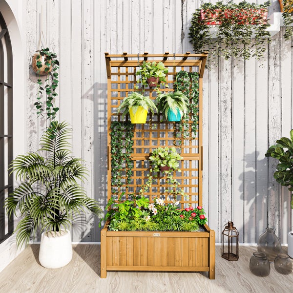 Outsunny Hochbeet Pflanzkasten mit Rankgitter, Spalier Pflanzkübel Blumenkasten Holz, Gartenspalier 90 x 45 x 183cm für Garten Balkon Terrasse, Blumenkübel für Kletterpflanzen Korbpflanzen, Blumen