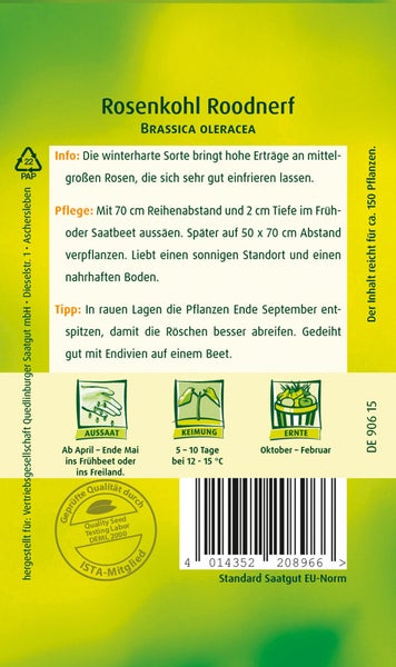 Rückseite der Saatgutpackung Rosenkohl Roodnerf mit Anbauhinweisen zu Aussaat, Keimung, Ernte und dem ISTA-Qualitätssiegel.