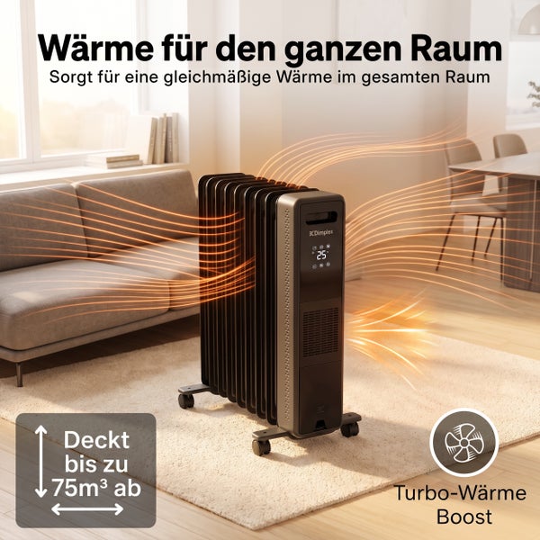 Mobiler Oelradiator mit digitalem Display im Wohnzimmer zur Beheizung von bis zu 75 Kubikmetern mit zusaetzlicher Turbo Heizfunktion