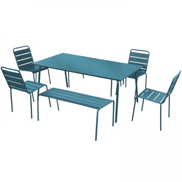 Gartenmöbel-Set aus Metall bestehend aus einem rechteckigen Tisch, vier Stühlen und einer Sitzbank.