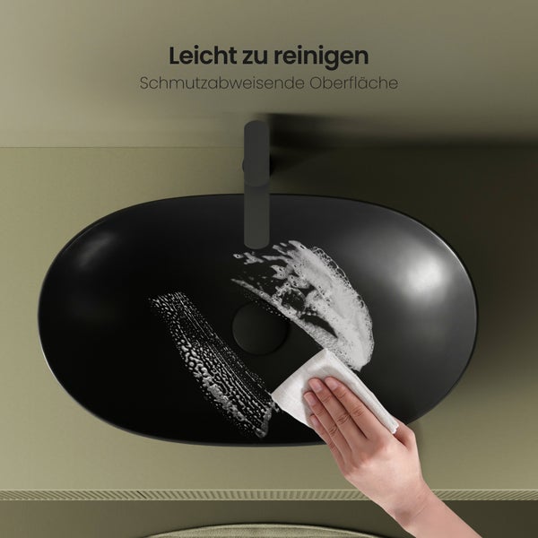 EMKE Aufsatzwaschbecken 615 × 360 mm, Oval, Keramik Waschbecken ohne Hahnloch, für hohe Armaturen, für Badezimmer, Matt Schwarz, Höhe: 155 mm, Modernes Design, Kratzfest, Fleckenresistent, Pflegeleicht