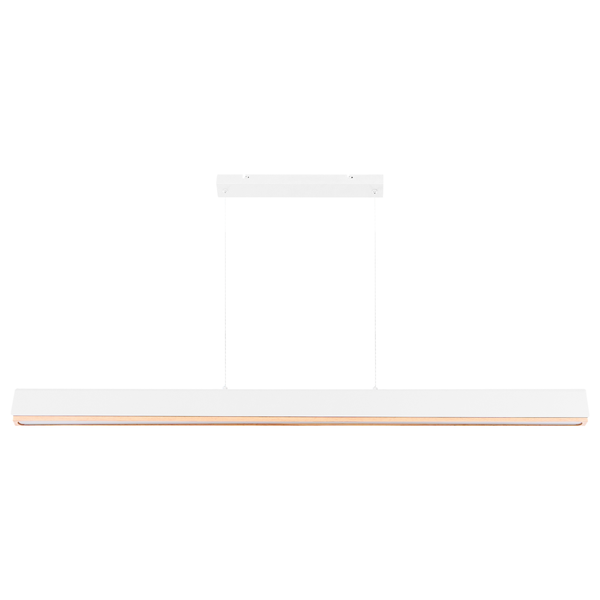 Lineare LED-Pendelleuchte mit weißem Metallgehäuse und Holzelementen.
