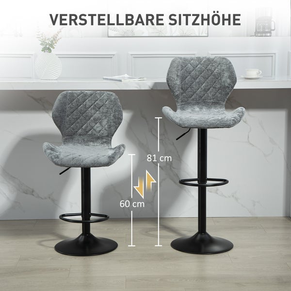 HOMCOM Barhocker 2er-Set, Gepolstert Barstuhl mit Lehne, Chenille-Optik, Stahlgestell, Höhenverstellbare Küchenstühle mit Fußstütze Drehbar Tresenhocker modern für Küche, Dunkelgrau