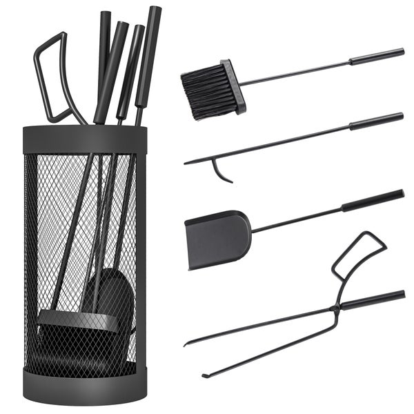 Outsunny Kaminbesteck Set, 5-teilig Kaminzubehör mit Besen, Schaufel, Zange, Schürhaken und Korb, Kamingarnitur, Ø16 x 33,5H cm, Metall, Schwarz