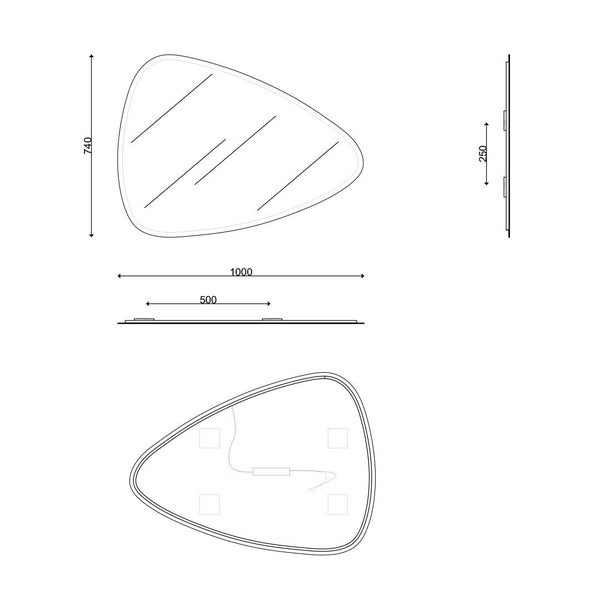 Technische Zeichnung eines asymmetrischen Spiegels mit den Maßen 1000 mal 740 Millimeter, Rückansicht und Seitenprofil.