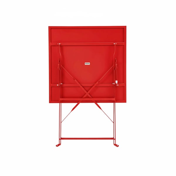 Quadratischer roter Klapptisch aus Metall für Garten und Balkon.