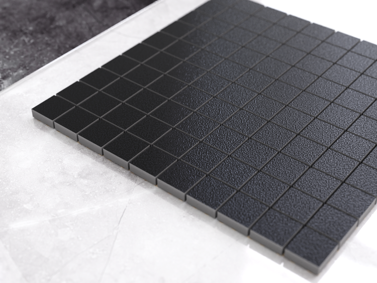 Schwarze quadratische Mosaikfliese aus Feinsteinzeug mit strukturierter Oberfläche.
