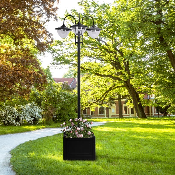 Outsunny Solarleuchte, Gartenlicht 3-köpfige Lampe mit Blumentopf-Basis, 60 x 55 x 189 cm, Edelstahl, Schwarz