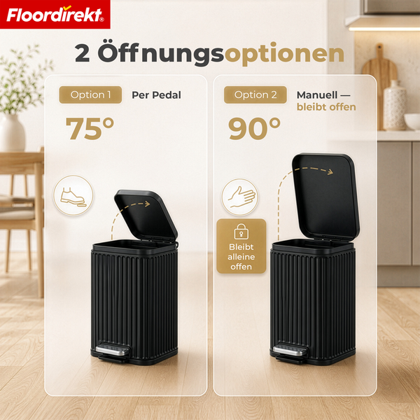 Floordirekt Logo. Treteimer mit zwei Öffnungsoptionen: 75 Grad über das Fußpedal und 90 Grad manuell, wobei der Deckel geöffnet bleibt.