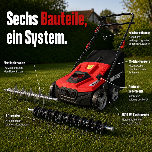 ONBEST elektrischer Vertikutierer und Rasenlüfter auf Rasen mit Vertikutierwalze, Lüfterwalze, 45 Liter Fangkorb und 1800 Watt Elektromotor.