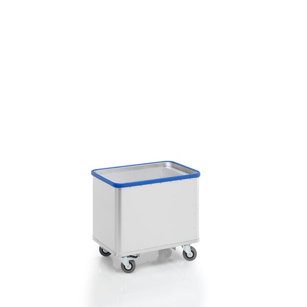 Mobiler Transportwagen aus Aluminium mit blauem Kantenschutz und vier Rollen.