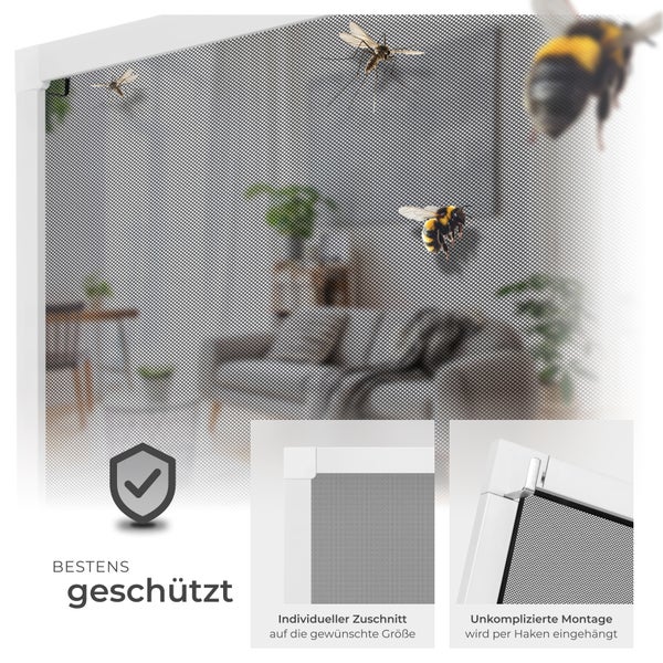 Insektenschutzgitter vor einem Wohnzimmer, das Schutz vor Insekten bietet