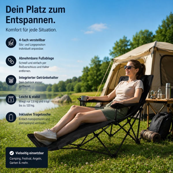 Frau entspannt in einem verstellbaren Campingstuhl mit abnehmbarer Fußablage und Getränkehalter vor einem Zelt an einem See.