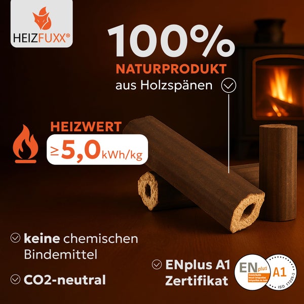 Heizfuxx Holzbriketts aus Holzspänen mit einem Heizwert von mindestens 5 Kilowattstunden pro Kilogramm und ENplus A1 Zertifizierung.