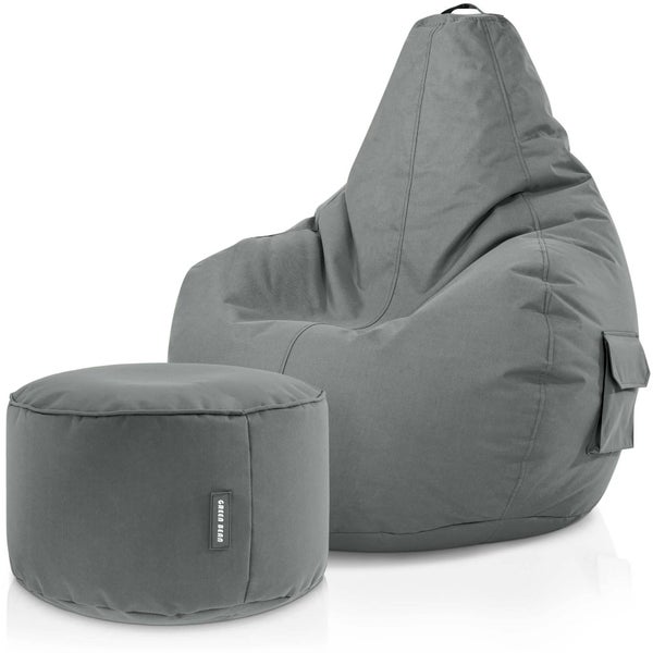 Green Bean 2er Set Sitzsack + Hocker - fertig befüllt - robust waschbar schmutzabweisend - Kinder & Erwachsene Bean Bag Bodenkissen Lounge Sitzhocker Relax-Sessel Gamer Gamingstuhl Pouf - Grau