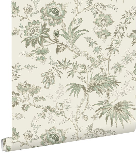 ESTAhome Tapete Blumenmuster Creme-Beige und Graugrün - 53 cm x 10.05 m - 139400