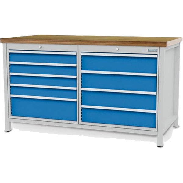 Werkbank mit Holzplatte, zwei Schrankelementen und zehn blauen Schubladen in einem grauen Metallgestell.