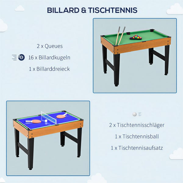 Multifunktions-Spieltisch für Billard und Tischtennis inklusive Zubehör wie Queues, Kugeln, Schläger und Tischtennisaufsatz.
