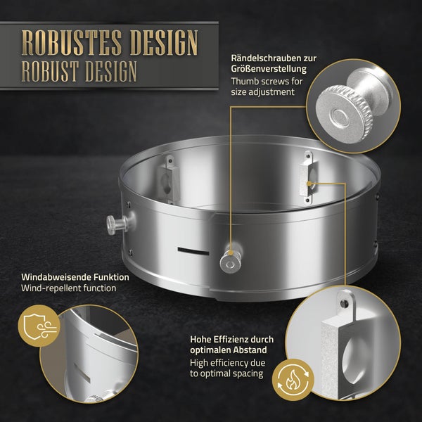 BBQ#BOSS Power Ring für BBQ Raketenofen, aus Edelstahl, Ø 25-35 x 9 cm, einstellbar, Feuerring für Raketenofen, bis zu +25% Effizienz und -20% Rauchentwicklung, Windabweisende Funktion, Edelstahlring