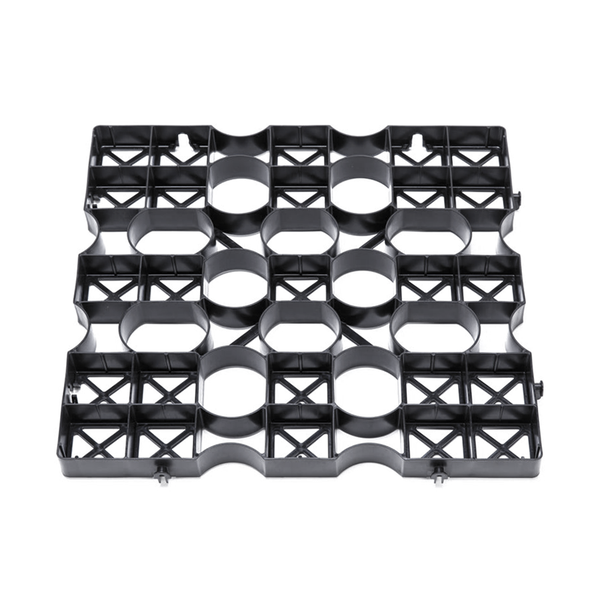 Rasengitter aus schwarzem Kunststoff für die Bodenbefestigung und den Rasenschutz.