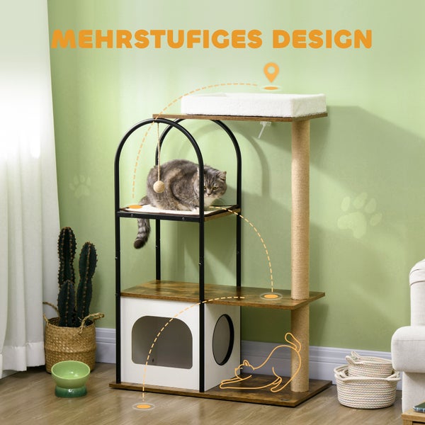PawHut Kratzbaum 118,5 cm Katzenkratzbaum mit Kratzmatte, Katzenhöhle, Katzenbaum mit Bett, Kippschutz, Spielball, für Katzen bis 5 kg, Rustikal-Braun