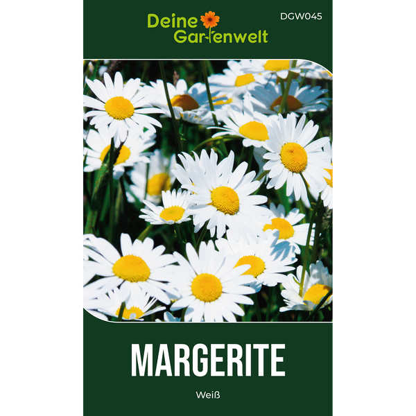 Weiße Margeriten in voller Blüte auf einer Samentüte, Deine Gartenwelt Logo.