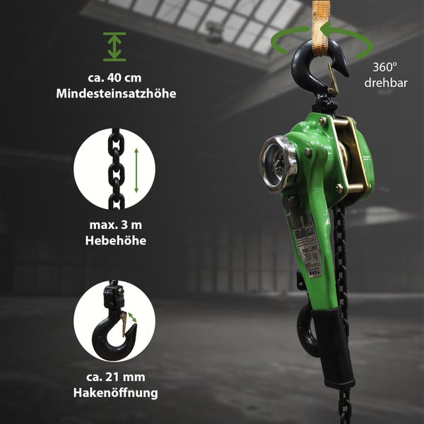 Manueller Hebelzug mit Kette, 750 Kilogramm Traglast, 3 Meter Hebehöhe, 360 Grad drehbarer Haken und 21 Millimeter Hakenöffnung.