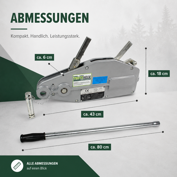 Trutzholm Drahtseilzug mit abnehmbarem Hebel und Maßangaben für eine einfache Übersicht zur kompakten und leistungsstarken Anwendung.