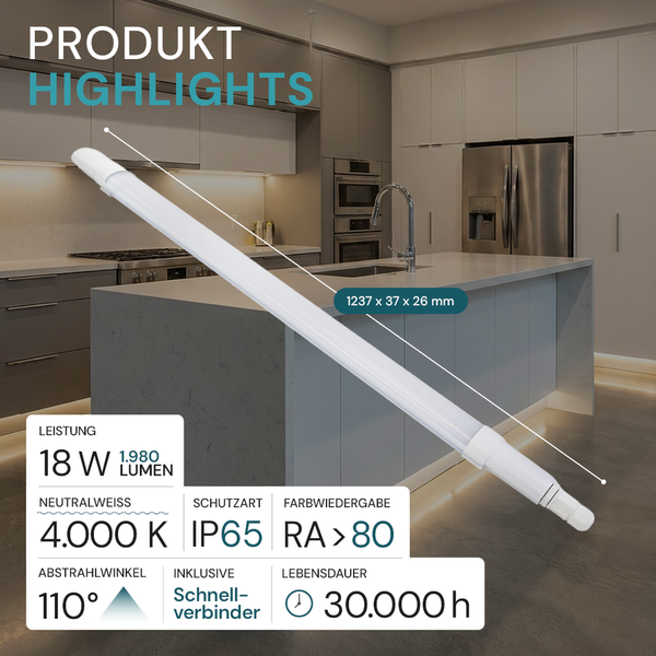 Weiße LED-Feuchtraumleuchte mit 18 Watt, 1980 Lumen, 4000 Kelvin, IP65 Schutzart und einer Länge von 1237 Millimetern in einer modernen Küche.