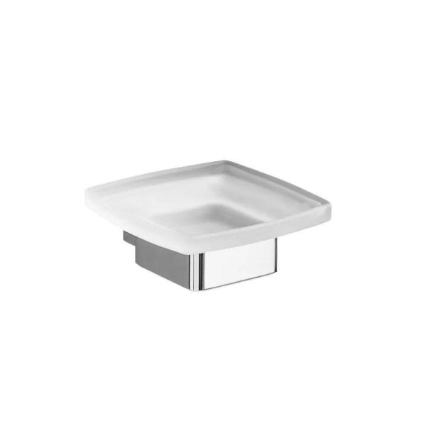 Quadratische Seifenschale aus mattiertem Glas mit verchromter Wandhalterung für das Badezimmer.