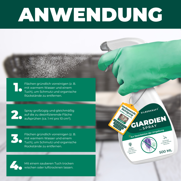 Anwendung des Silberkraft Giardien Sprays zur Desinfektion mit Hinweisen zur Vorreinigung und Trocknung