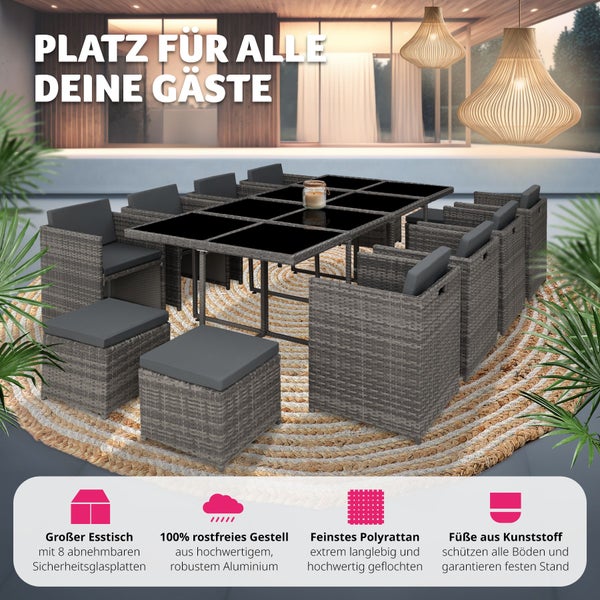 Rattan Sitzgruppe tectake New Orleans 2 Bezugssets, zusammenschiebbar, inklusive Schutzhülle mit Aluminiumgestell grau