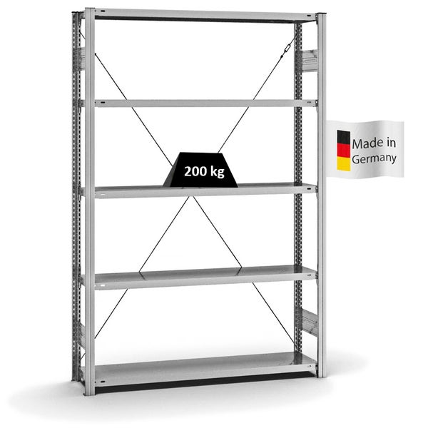 PROREGAL Fachbodenregal Stecksystem T-Profil Medium-Duty Grundregal HxBxT 200 x 130 x 30 cm 5 Ebenen Fachlast 200 kg Einseitig Nutzbar Verzinkt