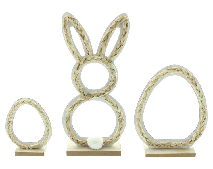 FRANK FLECHTWAREN | Osterdeko Natur, 3er Set, MDF, SEEGRAS, TEXTIL, H: 12 cm, 14,5 x 5 x 18 cm, 12,5 x 5 x 27,5 cm