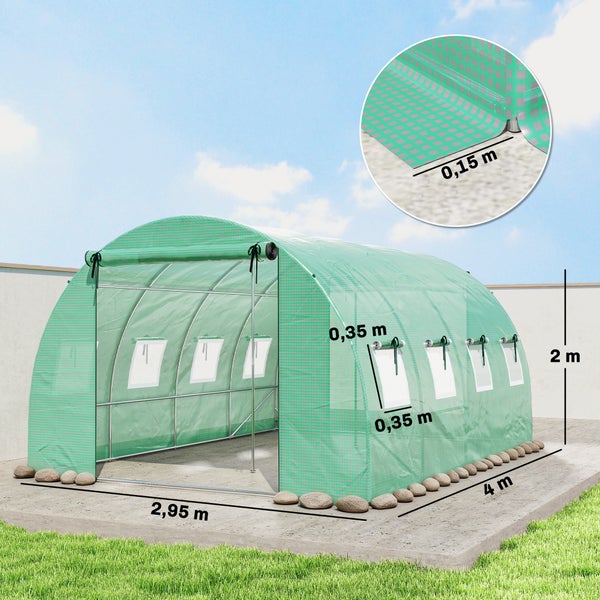 Folientunnel Gewächshaus mit Metallrahmen, Maße 2,95 Meter breit, 4 Meter tief und 2 Meter hoch, inklusive Belüftungsfenstern und aufrollbarer Tür.